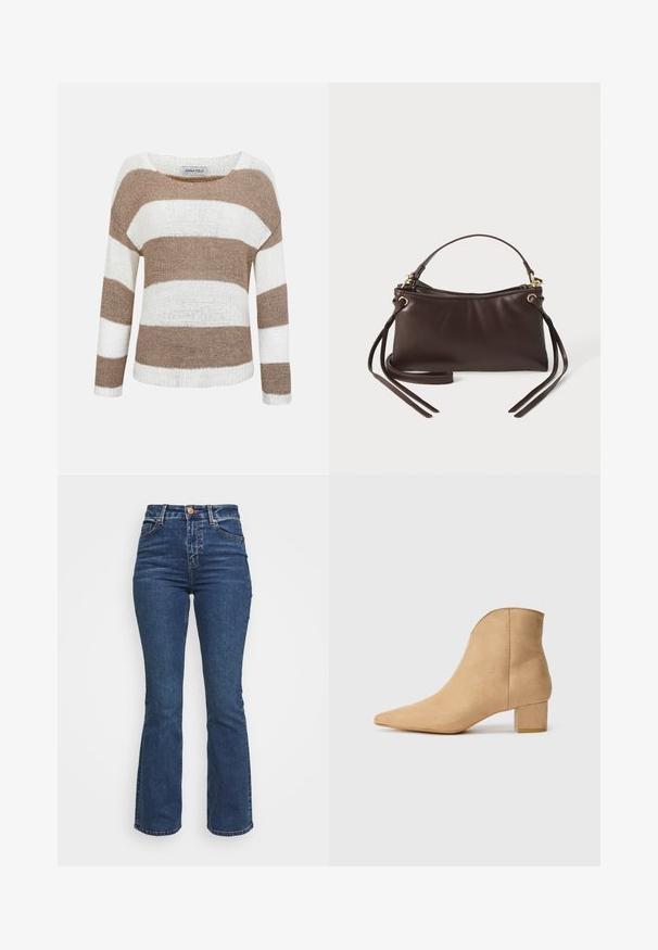 Strikket langærmet sweater med brede horisontale beige og hvide striber, rund halsudskæring og ribstrikkede manchetter og kant.; Højtaljede blå jeans lavet af denim. Flared ben-design med knaplukning og lommer. Har en klassisk vask og syning detaljer.; Beige ruskinds ankelstøvle med spids tå og kort blokhæl. Glat tekstur med minimal detaljer og en ren, enkel silhuet.; Brun læderhåndtaske med en buet top, en kort hank og lange remme. Har guld hardware og en glat overflade.