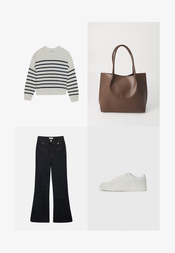 Cremefarvet sweater med marineblå vandrette striber, ribbet tekstur, rund halsudskæring og lange ærmer. Løs pasform med cropped design.; Sorte denim jeans med høj talje, flared ben, to frontlommer og orange syninger. Materialet ser solidt og glat ud.; Hvide sneakers med en glat læderoverdel, rund tå, flad sål og diskrete sidetavler. Snørret design med en blød inderside.; Brun læder tote taske med to lange håndtag, struktureret form, glat tekstur og minimalistisk design. Ingen synligt hardware eller accenter.