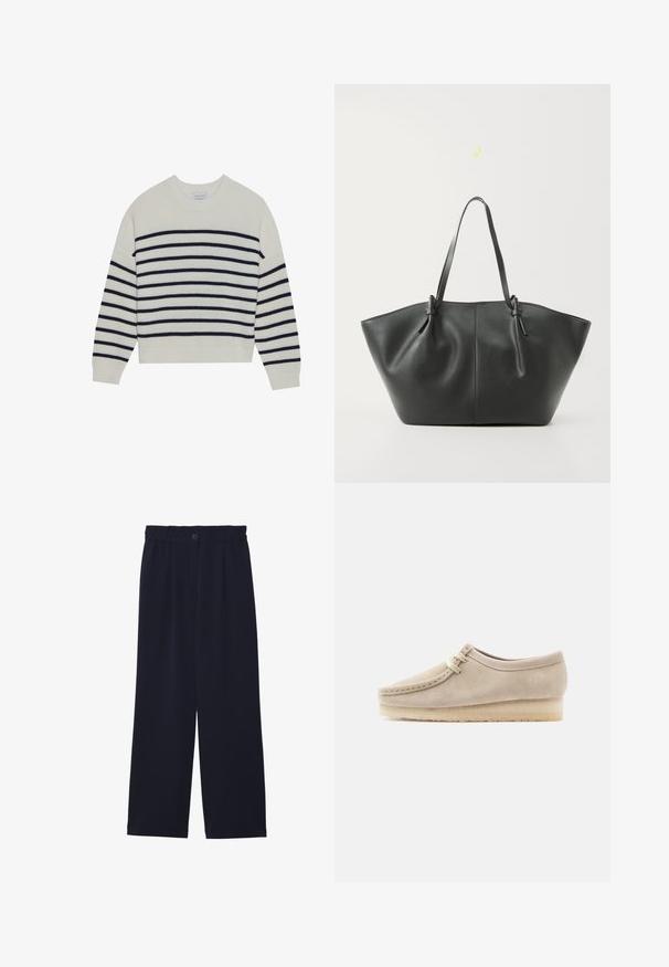 Pull créme avec des rayures horizontales navy, texture côtelée, col rond et manches longues. Coupe décontractée avec un design court.; Pantalons large bleu marine avec une texture lisse, taille élastique, pli avant unique et fermeture à bouton à la taille.; Chaussure décontractée en daim beige avec lacets à l'avant et semelle en crêpe, vue du côté extérieur sur un fond clair uni.; Vero Moda VMDITTA - Cabas - black
