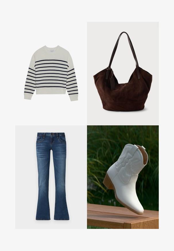 Cremefarvet sweater med marineblå vandrette striber, ribbet tekstur, rund halsudskæring og lange ærmer. Løs pasform med cropped design.; Blå denimjeans med en let flagrende ben, knaplukning foran, lommer og diskrete falmede detaljer på lår og knæ.; Hvid læder cowboystøvle til midt på læggen med dekorative syninger og en stablet træsål, hvilende på en træoverflade udendørs.; Brun ruskind taske med en blød, slouchy form. Har læderhåndtag og et tag-accent. Enkelt tekstur med buede sømme.