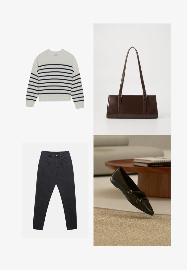 Cremefarvet sweater med marineblå vandrette striber, ribbet tekstur, rund halsudskæring og lange ærmer. Løs pasform med cropped design.; Sorte denimjeans med en slim fit, høj talje, fem-lomme design og bæltestropper. Teksturen er glat med minimal syningsdetalje.; Sort flad sko med spids snude og to tynde remme med spænder, der svæver over et beige tæppe, med et bord i træ og bøger i baggrunden.; Brun lakeret håndtaske med rektangulær form, to lange håndtag og subtile buede detaljer på fronten.
