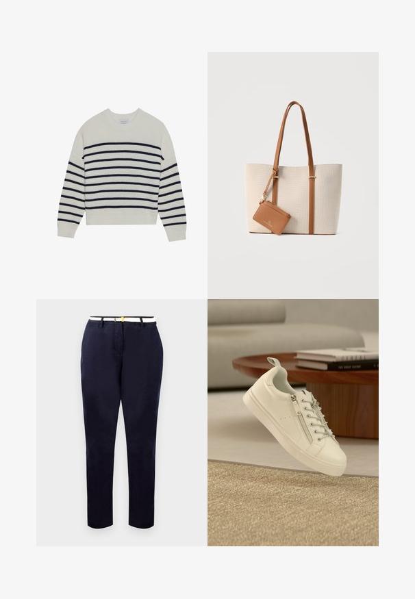 Cremefarvet sweater med marineblå vandrette striber, ribbet tekstur, rund halsudskæring og lange ærmer. Løs pasform med cropped design.; Marineblå chinos med en slim fit, bomuldsstof og et hvidt bælte med en guldtonet spænde. Glat tekstur, lige ben, minimalistisk design.; Hvid lav sneakers med sidelukning og snørebånd placeret nær et brunt rundt træbord med stablede bøger.; Beige lærredstote taske med lange brune læderstropper og en lille fastgjort brun læder lynlåspung.