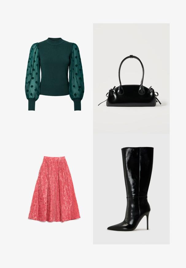 Suéter verde de canalé con un cuello alto y mangas abullonadas transparentes adornadas con lunares negros. Un dobladillo y puños ajustados completan el diseño.; Falda maxi de coral fluida, hecha de un tejido texturizado, con un patrón floral y pequeños acentos blancos, y pliegues para añadir volumen.; Botas de cuero negro hasta la rodilla con punta afilada y tacón alto de aguja. Textura suave y diseño elegante, con detalles mínimos.; Pequeño bolso negro brillante con dos asas largas y detalles de cordón lateral sobre un fondo claro liso.