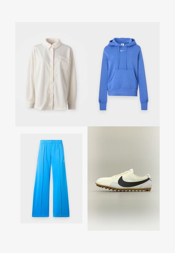 Sudadera con capucha azul de Nike con bolsillo tipo canguro en el frente, capucha con cordón y logo blanco de Nike en el pecho.; Camisa blanca de botones con cuellos, de rayas verticales, de manga larga, con un solo bolsillo en el pecho, hecha de una tela suave con una textura tacto agradable.; Pantalones deportivos azul brillante de pierna ancha con cintura elástica y pequeño logo blanco de Nike swoosh en el muslo derecho.; Zapatilla deportiva blanca de perfil bajo con el logo negro de Nike, suela de goma y cordones blancos, mostrada sobre un fondo neutro en vista lateral.