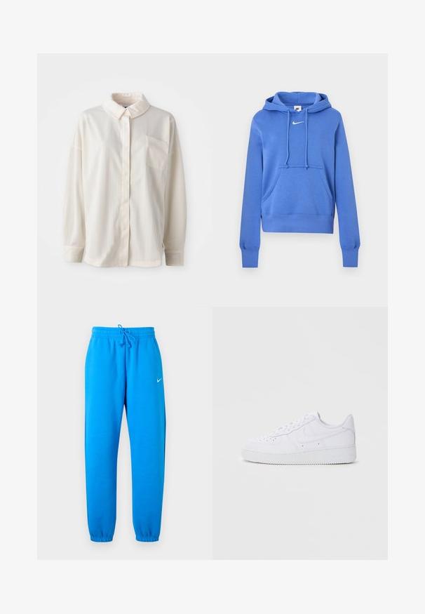 Sweat à capuche Nike bleu avec poche kangourou frontale, capuche à cordon de serrage et logo Nike Swoosh blanc sur la poitrine.; Chemise à col blanc, à boutons, avec des rayures verticales, à manches longues, poche poitrine simple, en tissu lisse avec une texture douce.; Pantalon de survêtement Nike bleu vif avec taille élastique, cordon ajustable, poignets élastiques et petit logo blanc Nike sur la cuisse droite.; Baskets blanches Nike Air Force 1 avec tige en cuir, bout rond, fermeture à lacets, col rembourré et semelle en caoutchouc texturé.