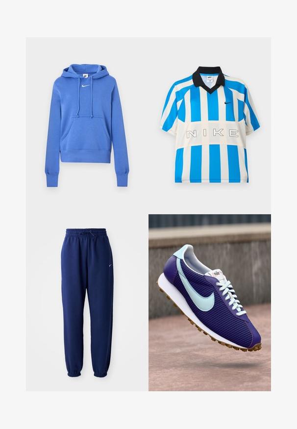 Sudadera con capucha azul de Nike con bolsillo tipo canguro en el frente, capucha con cordón y logo blanco de Nike en el pecho.; Camiseta deportiva Nike de manga corta con rayas verticales azules y blancas, cuello negro y letras "NIKE" en el pecho.; Pantalones de chándal azul marino hechos de una tela suave, que cuentan con una cintura elástica con cordón, puños elásticos y un pequeño logo blanco.; Zapatilla Nike morada con swoosh azul claro, cordones blancos y suela de goma, mostrada flotando sobre una superficie de concreto al aire libre.
