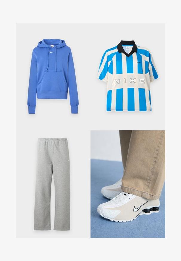 Sudadera con capucha azul de Nike con bolsillo tipo canguro en el frente, capucha con cordón y logo blanco de Nike en el pecho.; Camiseta deportiva Nike de manga corta con rayas verticales azules y blancas, cuello negro y letras "NIKE" en el pecho.; Pantalones deportivos gris claro con cintura elástica y un pequeño logo blanco de Nike en la parte superior del muslo, mostrados planos sobre un fondo blanco.; Zapatillas Nike blancas y beige con diseño perforado, logo de swoosh negro, parte superior texturizada y distintivo talón negro elástico.