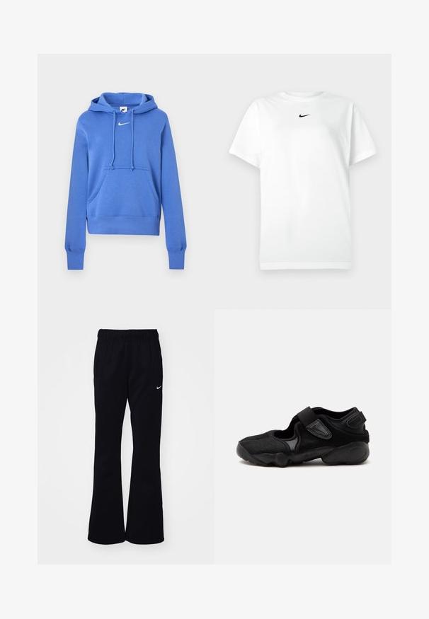 Sudadera con capucha azul de Nike con bolsillo tipo canguro en el frente, capucha con cordón y logo blanco de Nike en el pecho.; Camiseta de manga corta blanca con cuello redondo y pequeño logo de Nike en negro centrado debajo del escote.; Pantalones de chándal negros con una cinturilla elástica, perneras acampanadas, dos bolsillos laterales y un logo de Nike en blanco en el lado izquierdo.; Zapato deportivo negro con punta redondeada, correas ajustables y suela texturizada, mostrado de perfil sobre un fondo liso.