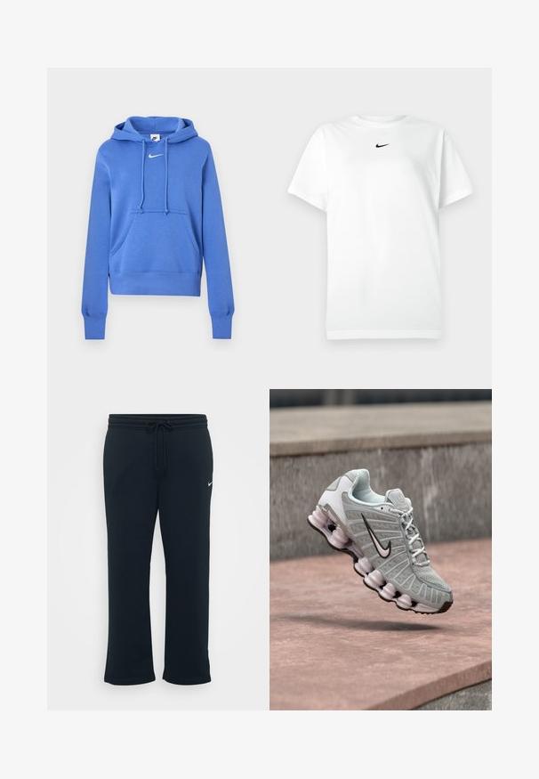 Modrá mikina Nike s kapucňou na sťahovacie šnúrky, predným klokankovým vreckom a bielym logom Nike swoosh na hrudi.; Biele tričko s krátkym rukávom a okrúhlym výstrihom, na ktorom je malé čierne logo Nike swoosh umiestnené tesne pod výstrihom.; Čierne tepláky s elastickým pásom a nastaviteľnou šnúrkou. Obsahujú malé biele logo Nike na ľavej strane. Mäkká textúra látky.; Svetlosivá teniska Nike s čiernym logom Swoosh, bielymi šnúrkami a charakteristickou pružnou podrážkou, zobrazená vznášajúca sa nad kamenným povrchom.