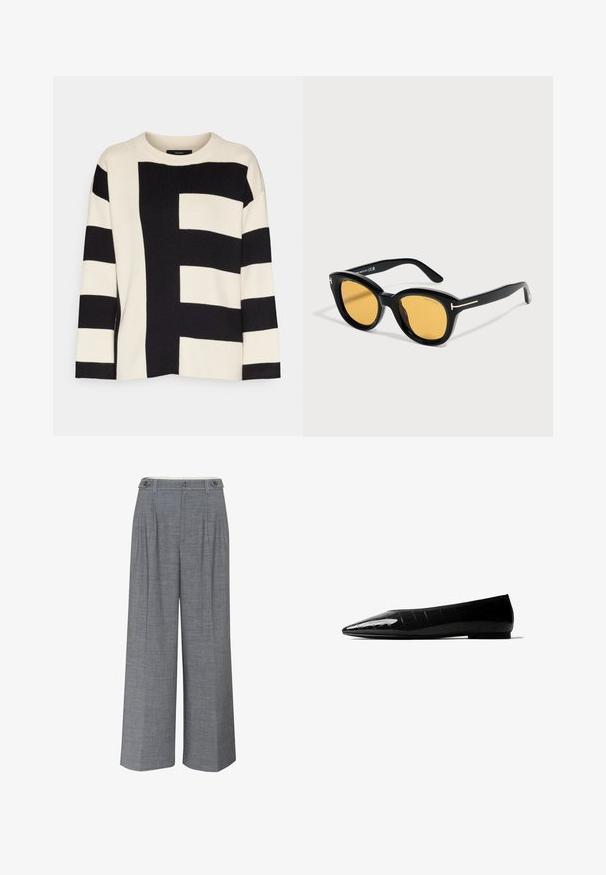 Suéter de punto en color crema con audaces patrones geométricos en negro, que presenta una textura acanalada, cuello redondo y mangas largas.; Pantalones de pierna ancha gris, confeccionados en un tejido texturizado, con un cierre de doble botón y pliegues frontales que añaden un detalle de diseño adicional.; Zapato plano negro de punta puntiaguda con textura brillante de cocodrilo y tacón bajo, mostrado en perfil lateral sobre un fondo blanco.; Gafas de sol negras con montura redonda, lentes amarillos y detalles dorados en forma de T en las patillas, exhibidas sobre un fondo neutro.