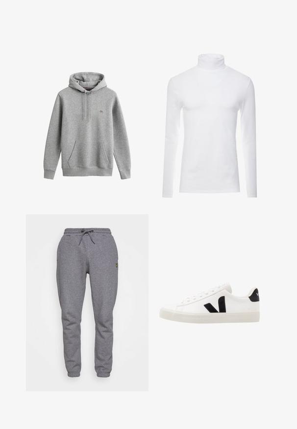 Sudadera con capucha en gris claro, con bolsillo tipo canguro en la parte frontal, cordón en la capucha, puños acanalados y un pequeño logo bordado en el pecho.; Camisa de cuello alto de manga larga blanca, hecha de un tejido suave y elástico. Presenta un diseño ajustado que proporciona una silueta estilizada.; Pantalones de chándal grises de algodón con cintura elástica, cordones, bolsillos laterales y un pequeño logo amarillo en el muslo. Diseño de pierna estrecha.; Zapatilla de cuero blanca con acentos de ante negro; presenta una suela de goma, puntera redonda y un diseño clásico de cordones. Logo lateral en negro.