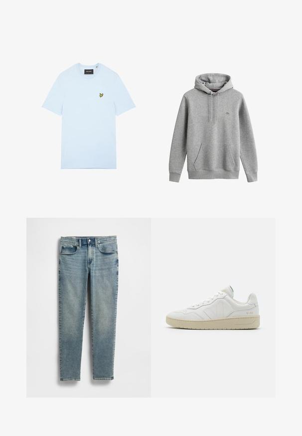 Sweat à capuche gris clair avec poche kangourou à l’avant, capuche avec cordon, poignets côtelés et petit logo brodé sur la poitrine.; T-shirt en coton bleu clair avec col rond, arborant un petit logo d'oiseau jaune brodé sur le côté gauche de la poitrine. Manches courtes, couleur unie.; Jean en denim bleu clair avec une coupe droite, une texture délavée, un design à cinq poches et une fermeture par bouton à la taille.; Baskets en cuir blanc avec une finition texturée et un col rembourré. Elles sont dotées d'une semelle en caoutchouc beige et d'une discrète branding sur le talon et le côté.