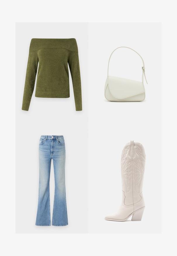 Off-the-shoulder, langærmet sweater i olivengrøn, fremstillet af blødt, struktureret stof med en ribbet halsudskæring og glat krop.; Lyseblå flared jeans lavet af denim, med høj talje, fem-lommekonstruktion og en subtil gradientafblegning mod kanten.; Hvide læder cowboystøvler med spidse tæer og blokhæle. Har intrikate syninger på skaftet og en glat tekstur.; Hvid taske i faux læder med en struktureret trekantet form, enkelt justerbart skulderstrop og en flaplås med kurver.