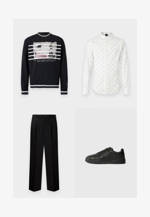 Schwarzes Crewneck-Sweatshirt mit weißen Streifen am Kragen, an den Bündchen und am Saum, mit einem abgenutzten Cartoon-Charakter und dem Schriftzug „BUSTED“.; Weißes Langarm-Hemd mit Knopfverschluss, das mit kleinen schwarzen "AX"-Logos bedruckt ist. Es hat einen klassischen Kragen und geknöpfte Manschetten.; Schwarze, plissierte Hose mit Knopfverschluss aus glattem Stoff. Verfügt über zwei Vordertaschen und zwei akzentuierende Metallklammern. Maßgeschneiderte Passform.; Schwarze Low-Top-Sneaker mit strukturierten Paneelen, Schnürverschluss, Gummisohle und "KARL"-Branding an der Seite und am Fersenteil.