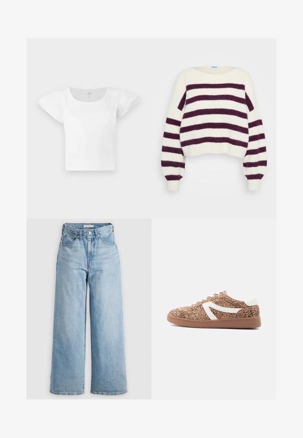 Pull en tricot crème avec de larges rayures horizontales violettes foncées, des manches longues bouffantes et un col rond.; Haut court à manches courtes blanc avec épaules bouffantes et col rond, en tissu côtelé, de GAP en taille moyenne.; Jeans larges bleu clair à taille haute, fabriqués en denim. Ils possèdent un design classique à cinq poches et des accessoires en métal.; Baskets avec une tige tachetée beige, des accents blancs et des lacets. Semelle en caoutchouc et finition texturée pour une meilleure adhérence. Design simple et profil bas.