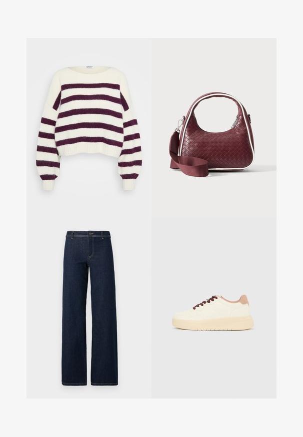 Suéter de punto crema con amplias franjas horizontales de color morado oscuro, mangas largas abullonadas y cuello redondo.; Jeans de pernera ancha de lavado oscuro con un diseño clásico de cinco bolsillos, hechos de denim, con costuras doradas y un cierre de botón en la cintura.; Zapatilla deportiva beige de corte bajo con suela gruesa, puntera perforada, cuello trasero rosa y cordones marrón oscuro sobre un fondo liso gris claro.; Bolso de mano de cuero tejido color granate con asa curva, ribete blanco, cremallera plateada y correa desmontable de tela ancha para el hombro sobre fondo liso.