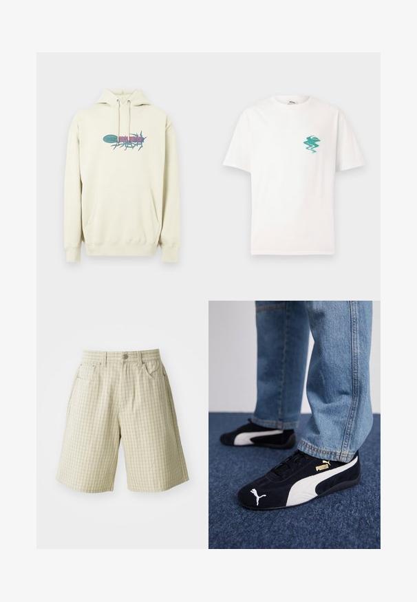 Sudadera cremosa de algodón, con un bolsillo frontal tipo canguro, capucha con cordón y un logo gráfico colorido con texto en el pecho.; Camiseta blanca de manga corta con un pequeño logo abstracto de ola y montaña en verde a la izquierda del pecho, sobre un fondo liso.; Pantalones cortos de cuadros beige, fabricados en un tejido ligero, con dos bolsillos laterales, un cierre de botón y un diseño de ajuste relajado.; Zapatillas de ante negras con acentos blancos, que presentan un logo dorado. Combinadas con unos jeans de mezclilla azul claro y colocadas sobre una superficie texturizada azul.