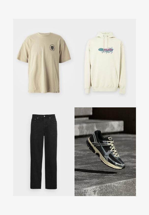 Kerma huppari, joka on valmistettu puuvillasta, sisältää eteen sijoitetun kengurupussin, nyörivetoisen hupun ja värikkään graafisen logon tekstillä rinnassa.; Beige puuvillatee-shirt ümmarguse kaelusega ja lühikeste varrukatega. Vasakul rinnal on must graafikaprint tekstiga ja kujundusega.; Musta farkkujen suora lahjemalli, viisi taskua ja metallinen nappisuljenta hienovaraisella tekstuurilla. Ei näkyviä kuvioita tai yksityiskohtia.; Musta ja harmaa Nike-juoksukenkä, jossa on kermaan vivahtavat nauhat, kelluu teksturoidun betonipinnan yllä.