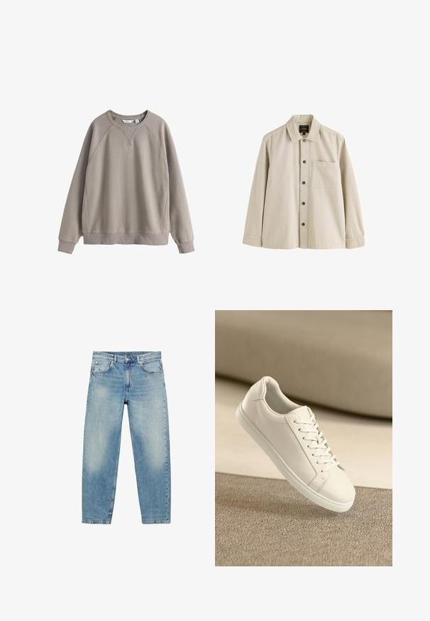 Beige sweater met ronde hals, lange mouwen, geribbelde boorden aan mouwen en zoom, en subtiele naaddetails op schouders en borst.; Beige overhemd met lange mouwen, knopen, een kraag en één borstzak, gemaakt van stevig stof.; Jeans met rechte pijpen van blauwe denim, met voorzakken en riemlussen, met lichte vervaagde details op dijen en knieën.; Witte leren sneaker met witte veters, weergegeven op een beige textuurovervlak en een zacht vervaagd achtergrond.
