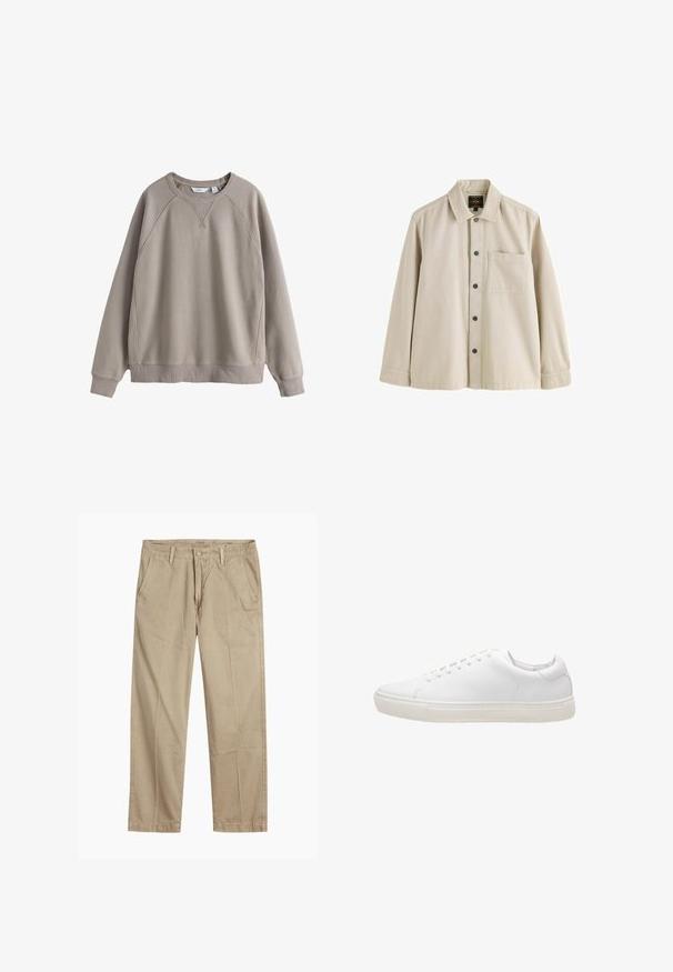 Beige sweater met ronde hals, lange mouwen, geribbelde boorden aan mouwen en zoom, en subtiele naaddetails op schouders en borst.; Beige overhemd met lange mouwen, knopen, een kraag en één borstzak, gemaakt van stevig stof.; Beige rechte pijpen chinos met riemlussen, voorkant met knoop en rits sluiting, en schuine voorzakken.; Witte leren sneaker met een gladde textuur, ronde neus, vetersluiting en een platte rubberen zool. Minimalistisch ontwerp zonder zichtbare patronen.