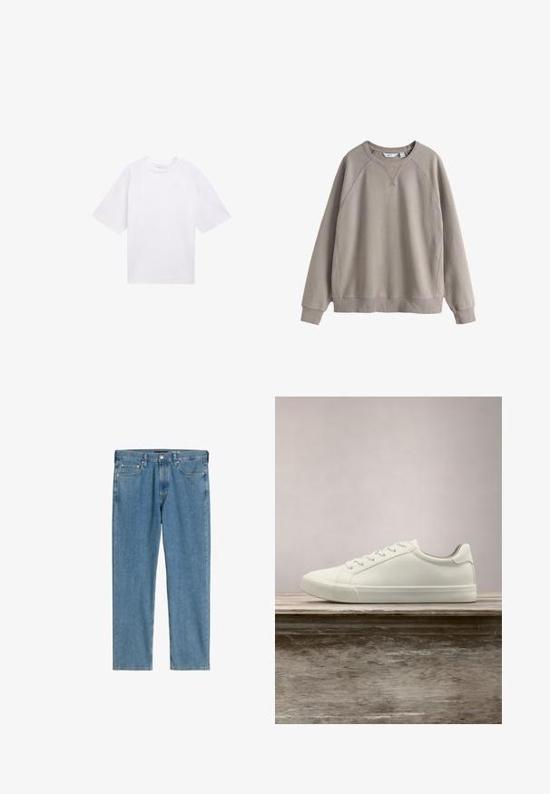 Beige sweater met ronde hals, lange mouwen, geribbelde boorden aan mouwen en zoom, en subtiele naaddetails op schouders en borst.; Witte T-shirt met korte mouwen van katoen. Ontspannen pasvorm met een ronde hals. Glad materiaal zonder zichtbare patronen of accenten.; Blauwe rechte denim jeans met voorzakken, knoopsluiting, riemlussen en zichtbare stiksels op een witte achtergrond.; Witte vetersneaker die boven een houten bank zweeft met groene bladeren op de achtergrond, waarbij het ontwerp en de textuur van de schoen worden getoond.