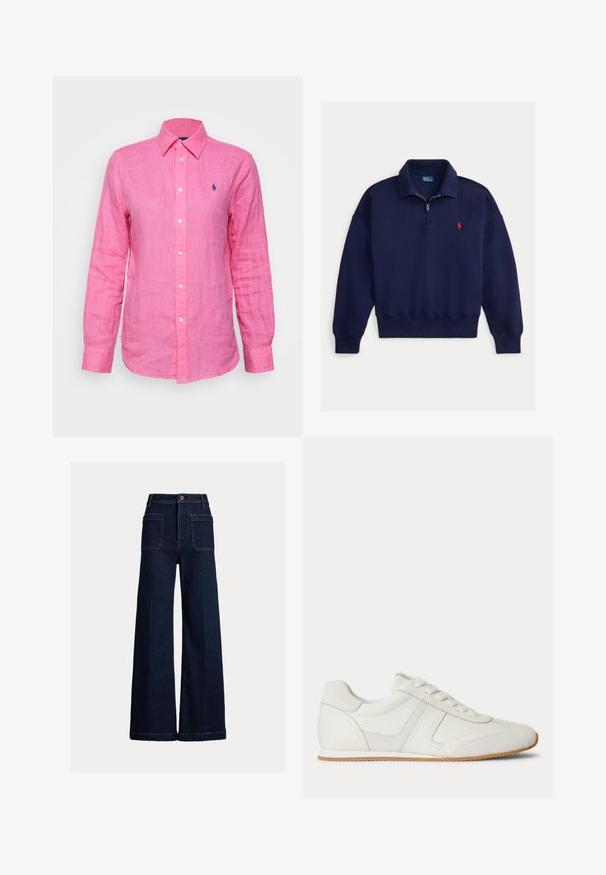 Sweat-shirt bleu marine à quart de fermeture éclair avec col, manches longues, poignets et ourlet côtelés, et petit logo Polo rouge brodé sur la poitrine.; Chemise à manches longues et col en lin rose vif, avec un petit logo bleu sur le côté gauche de la poitrine et des boutons blancs sur le devant.; Pantalon en denim bleu foncé à jambes larges avec poches plaquées avant, passants de ceinture et fermeture par boutons sur un fond uni clair.; Baskets basses blanches avec laçage à l'avant, panneaux en daim et cuir, et une semelle en caoutchouc marron clair sur fond blanc.