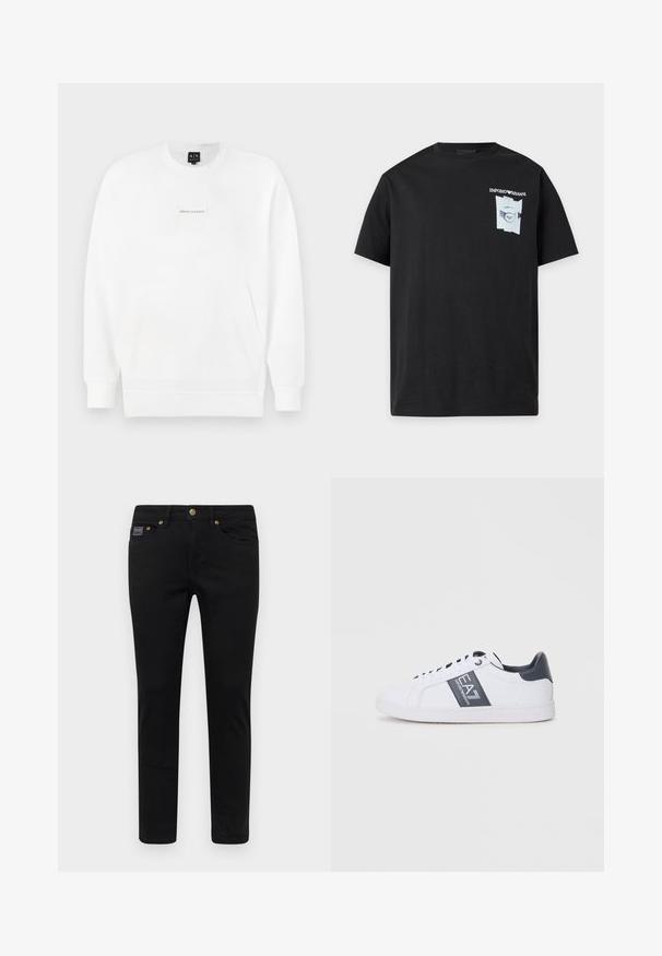 Weißes Langarm-Sweatshirt mit Rundhalsausschnitt, Bauchtasche und zentriertem "Armani Exchange"-Etikett auf der Brust.; Schwarzes T-Shirt mit kurzen Ärmeln und kleinem weißen Emporio Armani Logo sowie Grafik auf der oberen linken Brust.; Schwarze Jeanshose mit schmaler Passform, ausgestattet mit einem Knopfverschluss, fünf Taschen und goldenen Hardware-Details. Der Stoff ist glatt und hat ein einfarbiges Design.; Weiße Sneaker mit einem glatten Lederobermaterial, dunkelgrauen Akzenten und einem markierten Seitenstreifen. Runde Zehenform und flache Gummisohle.