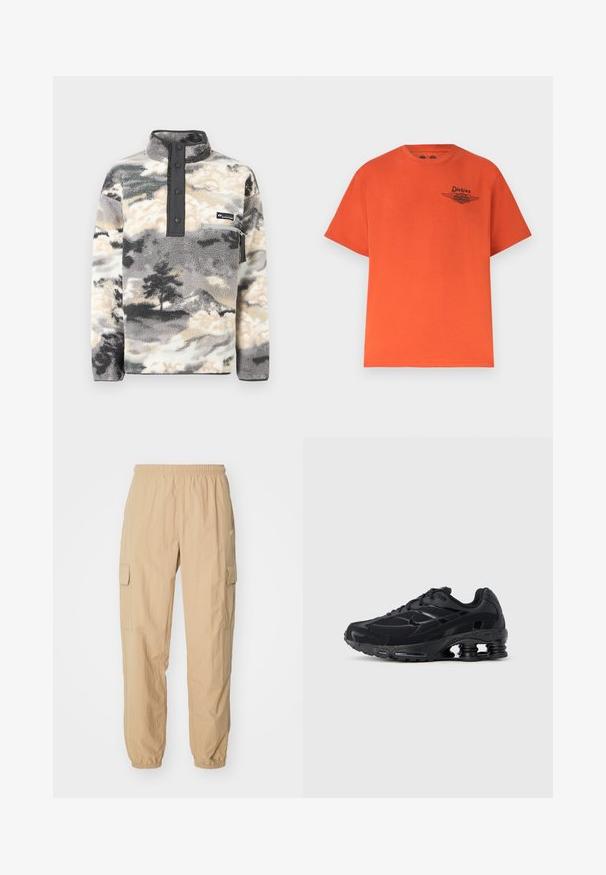 Sudadera de forro polar con cierre de botones a presión, bolsillo con cremallera en el pecho y patrón de nubes y árboles en gris, negro y crema.; Camiseta de manga corta color naranja brillante con cuello redondo y pequeño logo negro de Dickies y Harley-Davidson en el pecho izquierdo.; Pantalones cargo beige hechos de una tela ligera, con una cinturilla elástica, dos bolsillos laterales y puños elásticos en los tobillos.; Zapatilla deportiva negra con parte superior de malla, cuello acolchado y tecnología de amortiguación prominente en el talón. Presenta detalles texturizados y cordones.