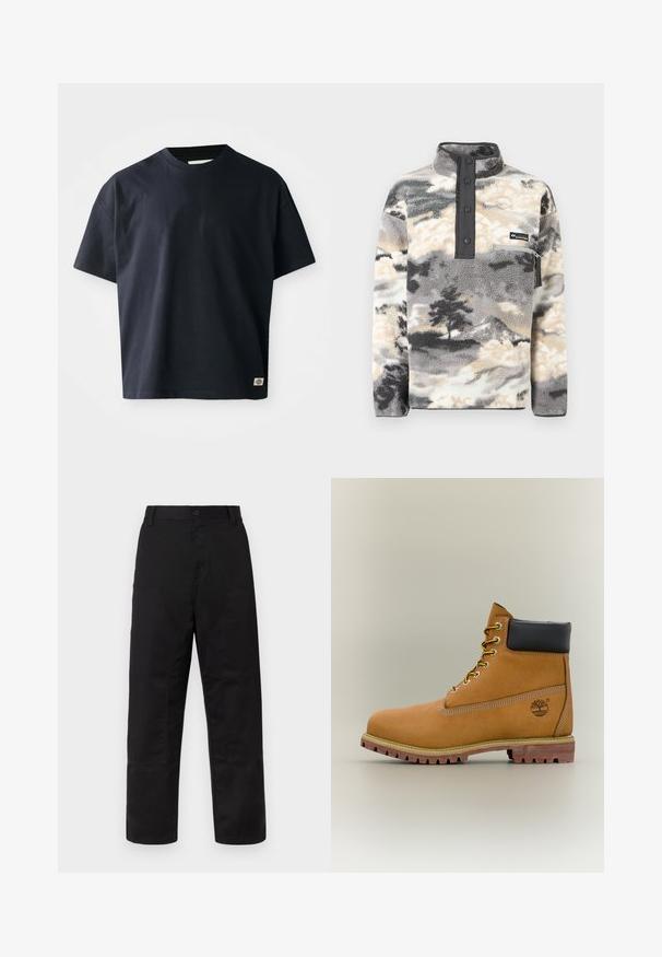 Sudadera de forro polar con cierre de botones a presión, bolsillo con cremallera en el pecho y patrón de nubes y árboles en gris, negro y crema.; Camiseta de cuello redondo de manga corta en azul marino con un pequeño logo rectangular de la marca cerca del borde inferior en el lado derecho del frente.; Pantalones negros de tela resistente, con un ajuste relajado, perneras anchas, bolsillos frontales y detalles reforzados en las rodillas.; Bota de tobillo de cuero marrón con cuello negro, cordones amarillos y suela beige. Presenta un logotipo y detalles de costura blanca. Suela exterior con tracción robusta.
