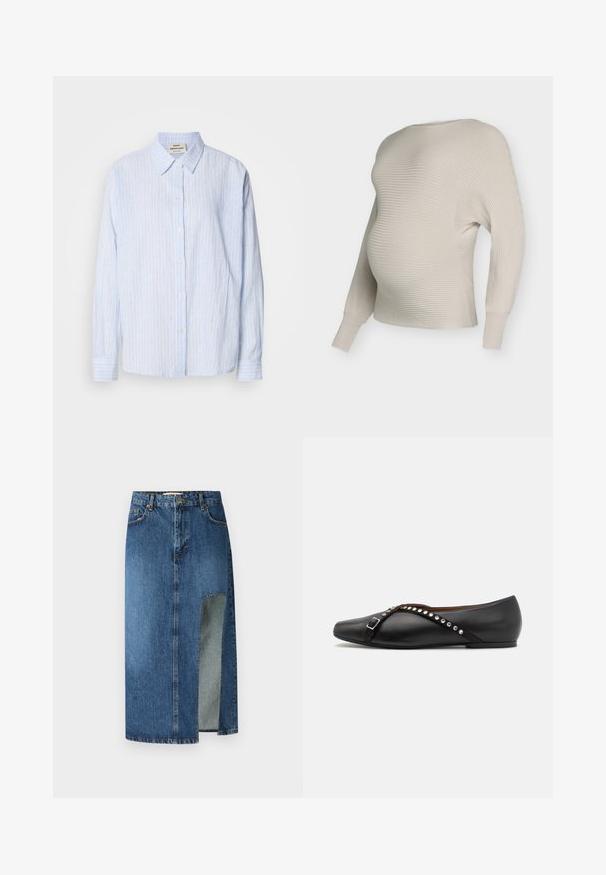 Cremefarvet ribstrikket graviditetstrøje med løs pasform, bred halsudskæring og lange ærmer, der fremhæver en blød tekstur og et afslappet design.; Lyseblå stribet button-up skjorte med klassisk krave, lange ærmer og en afslappet pasform, med smalle vertikale striber i kontrasterende farver.; Denimskørt i medium blå med lige snit og sidelæg. Har klassisk fem-lomme-design og bæltestropper, med synlige stikninger.; Sorte læder fladsko med spids toe, prydet med en dekorativ rem med sølvnitter og en spænde detalje. Glat tekstur, minimalistisk design.