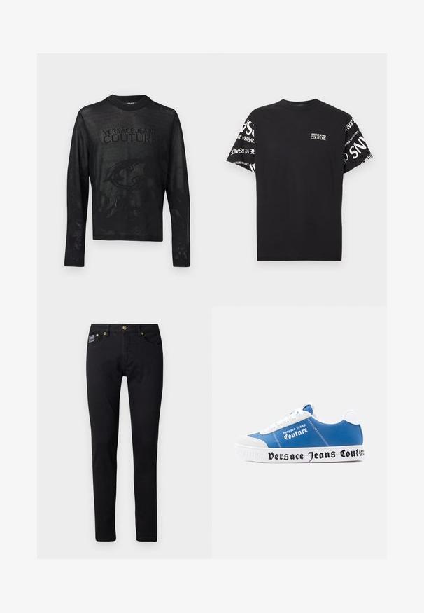 Sort langærmet meshtrøje med teksten "Versace Jeans Couture" og et subtilt barokmønster synligt gennem stoffet.; Sort T-shirt med korte ærmer og hvid "Versace Jeans Couture" tekst på brystet samt gentaget logo på begge ærmer.; Sorte denim jeans med slim fit, udstyret med guldfarvet metalhardware, fem lommer og et lille brandlabel på højre lomme.; Blå sneakers med hvide detaljer, som har en glat læderoverdel, gummisål og markant "Versace Jeans Couture"-logo på siden.