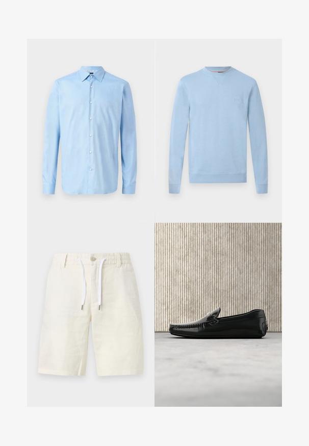 Sudadera de manga larga y cuello redondo en azul claro, con puños y dobladillo acanalados, y un pequeño parche cuadrado con el logo en el lado izquierdo del pecho.; Camisa azul claro de manga larga con botones, fabricada en un tejido suave. Presenta un cuello clásico y una tapeta delantera con botones blancos.; Pantalones cortos casual de color crema con cintura elástica, cierre de botón, trabillas para cinturón y cordones blancos.; Mocasines de cuero negro con un acabado brillante, punta redonda y herrajes decorativos en la parte delantera. Suela de goma de bajo perfil. Textura suave.