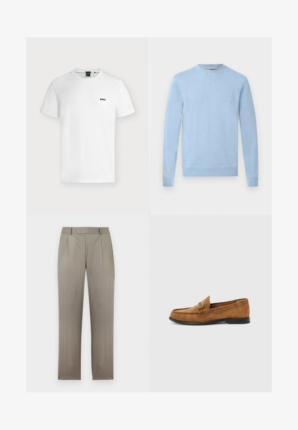 Hellblaue Sweatshirt mit Rundhalsausschnitt und langen Ärmeln, mit gerippten Bündchen und Saum, mit einem kleinen quadratischen Logo-Patch auf der linken Brustseite.; Schlichtes weißes T-Shirt mit kurzen Ärmeln und kleinem schwarzen "BOSS"-Logo auf der linken Brust, vor hellem Hintergrund gezeigt.; Hellbraune, maßgeschneiderte Hosen mit Gürtelschlaufen, vorderen Falten und geraden Beinen, präsentiert vor einem weißen Hintergrund.; Brauner Wildleder-Herrenloafer mit geflochtenem Detail auf dem Vorderblatt und schwarzer Sohle, seitlich gezeigt vor einfachem hellgrauem Hintergrund.