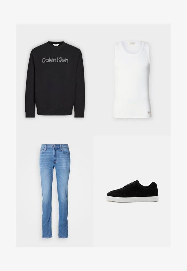 Sudadera negra de manga larga con cuello redondo y logo "Calvin Klein" delineado en blanco, centrado en el pecho, puños y bajo acanalados.; Camiseta sin mangas blanca acanalada con escote redondo y pequeña etiqueta con el logo de Calvin Klein cerca del dobladillo sobre un fondo liso.; Vaqueros de mezclilla azul para hombre con corte recto, bolsillos delanteros y traseros, y una pequeña etiqueta de Calvin Klein cerca del bolsillo delantero derecho.; Zapatilla negra de corte bajo con cordones delanteros, logo sutil "ck" en el lateral y suela gruesa de goma blanca sobre fondo claro y liso.