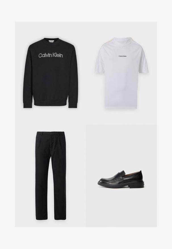 Sort sweatshirt med lange ærmer og rund hals med hvidt kontureret "Calvin Klein" logo centreret på brystet, ribbede manchetter og kant.; Hvid T-shirt med korte ærmer og Calvin Klein-logo midt på brystet samt diskrete gule striber langs skuldre og ærmer.; Sorte bukser i bomuldsblanding med klassisk lige ben-design, knaplukning og ingen synlige mønstre eller udsmykninger.; Sorte læder slip-on dress sko med lav hæl og subtil Calvin Klein logo på siden, vist i profil på en hvid baggrund.