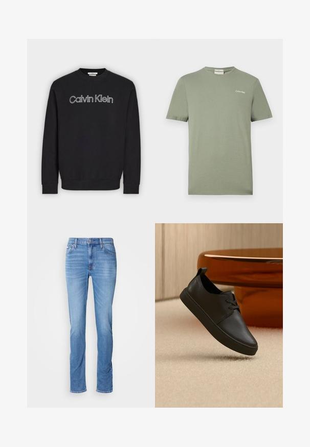 Schwarzes Sweatshirt mit langen Ärmeln und Rundhalsausschnitt, weiß umrandetes „Calvin Klein“-Logo in der Mitte auf der Brust, gerippte Bündchen und Saum.; Olivgrünes Calvin Klein T-Shirt mit kurzen Ärmeln, Rundhalsausschnitt und kleinem Logo auf der linken Brust.; Herrenblaue Denim-Jeans mit geradem Schnitt, Vorder- und Gesäßtaschen und einem kleinen Calvin Klein-Label nahe der vorderen rechten Tasche.; Schwarzer Freizeit-Sneaker aus Leder mit Schnürsenkeln, schwebt über einem beigen Teppich, im Hintergrund ein bernsteinfarbenes, rundes Glastisch.