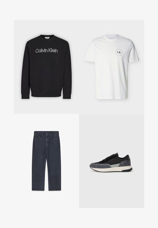 Sudadera negra de manga larga con cuello redondo y logo "Calvin Klein" delineado en blanco, centrado en el pecho, puños y bajo acanalados.; Camiseta blanca de manga corta Calvin Klein con pequeño logo circular negro de CK en el pecho izquierdo y texto "Establecido en 1968".; Vaqueros de mezclilla oscura con pernera ancha, cintura de tiro medio, bolsillos delanteros y detalles de costuras distintivos, presentados planos sobre un fondo blanco.; Zapatillas con cordones que presentan una mezcla de tela negra, acentos de ante gris y una gruesa suela intermedia blanca con banda de goma negra.