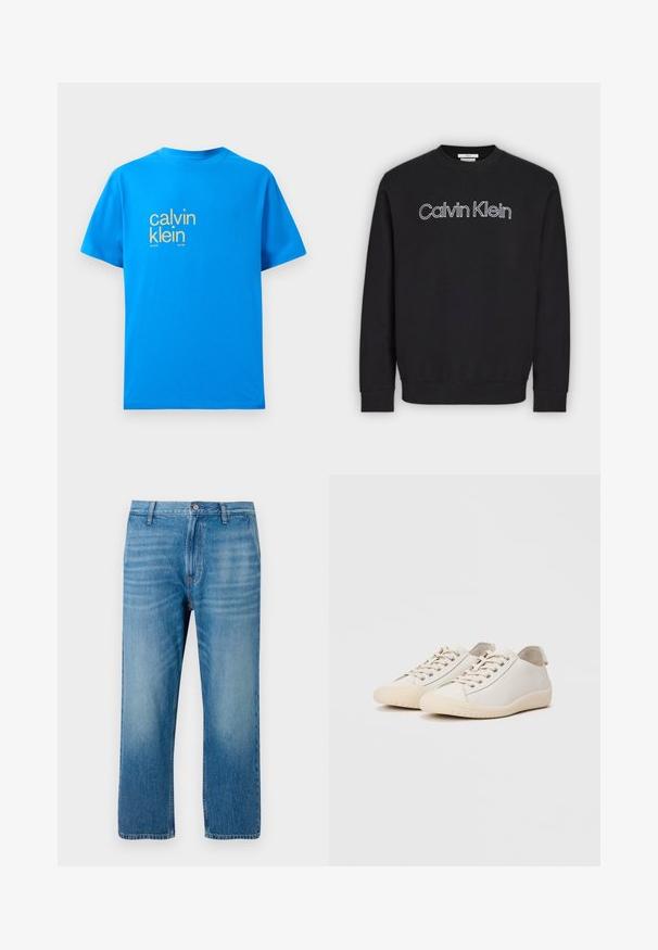 Čierna mikina s dlhým rukávom a okrúhlym výstrihom, s bielym obrysom loga „Calvin Klein“ v strede na hrudi, rebrované manžety a lem.; Svetlomodré bavlnené tričko s krátkymi rukávmi, s veľkým žltým logom "calvin klein" na prednej strane a textom "new york city / since 1981".; Svetlomodré denimové džínsy so stredným strihom, dizajnom s piatimi vreckami, zapínaním na gombík a jemným vyblednutím na prednej strane. Bez viditeľných vzorov.; Biele tenisky vyrobené z hladkej kože s tónovým švom, šnurovaním, zaoblenou špičkou a textúrovanou gumovou podrážkou.