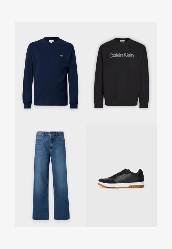 Musta, pitkähihaisen pyöreäkauluksisen collegepaita, jossa valkoisella ääriviivat "Calvin Klein" -logo rinnan keskellä, resorit hihansuissa ja helmassa.; Navy pitkähihaine t-paita, joka on valmistettu puuvillasta. Paidan kauluksessa on pyöreä muoto ja vasemmassa rintapielessä on pieni vihreä krokotiili-logo.; Siniset korkeavyötäröiset suoralahkeiset farkut, joissa on edessä nappi ja vetoketju, viisi taskua ja pieni merkkilogo oikeassa takataskussa.; Mustat urheilukengät, joissa on yhdistelmä sileää nahkaa ja mokkaa, valkoinen välipohja, kumipohja ja hillitty brändäys sivussa.