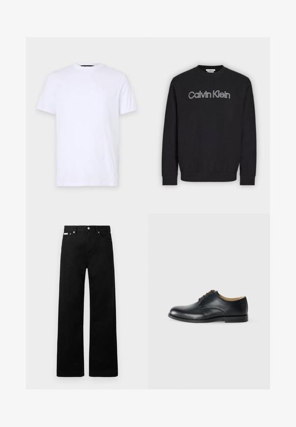 Zwarte sweater met lange mouwen en ronde hals met wit omlijnd "Calvin Klein"-logo gecentreerd op de borst, geribde boorden aan mouwen en zoom.; Witte katoenen t-shirt met korte mouwen, ronde halslijn, voorzien van een subtiele reliëflogo op de linkerborst, met een soepele textuur.; Zwarte spijkerbroek met een wijd uitlopende pasvorm, voorzien van vijf zakken en metallic knopen. Gladde textuur, geen zichtbare patronen.; Calvin Klein ESS DERBY - Veterschoenen - triple black