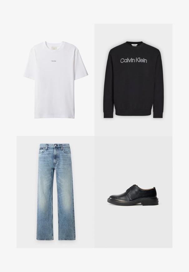 Musta, pitkähihaisen pyöreäkauluksisen collegepaita, jossa valkoisella ääriviivat "Calvin Klein" -logo rinnan keskellä, resorit hihansuissa ja helmassa.; Valkoinen puuvillainen t-paita pyöreällä pääntiellä ja lyhyillä hihoilla. Edessä keskellä pieni musta "Calvin Klein" -logo.; Vaaleansiniset suoralahkeiset denimfarkut, joissa on korkea vyötärö, viisi taskua, nappikiinnitys ja hienovarainen haalistuma reisien ja polvien kohdalla.; Musta nahkainen oxford-kenkä pyöreällä kärjellä, nauhakiinnityksellä ja matalalla pinnoitetulla korolla tasaisella vaalealla taustalla.