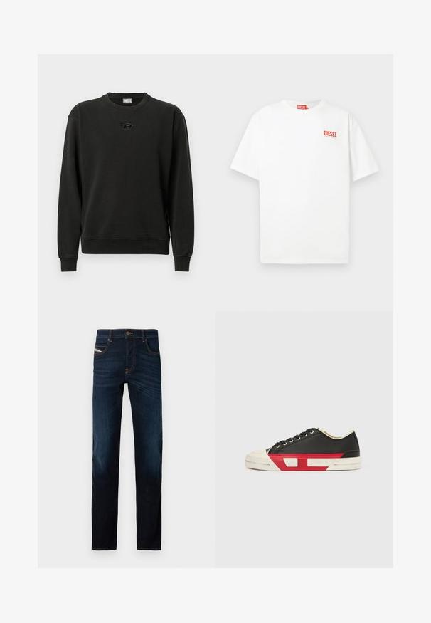 Sweat-shirt noir en tissu doux, avec un col rond, des poignets côtelés et un petit logo au centre. Conception décontractée et confortable.; T-shirt blanc en coton à manches courtes avec un logo rouge "DIESEL" sur la poitrine gauche, bénéficiant d'une coupe décontractée et d'un design simple.; Jean bleu foncé coupe droite classique. Fabriqué en denim, avec des coutures orange, cinq poches et une braguette à boutons.; Baskets en toile noire avec des accents rouges, un bout en caoutchouc et une semelle blanche. Elles présentent des lacets noirs et un design texturé sur le côté.