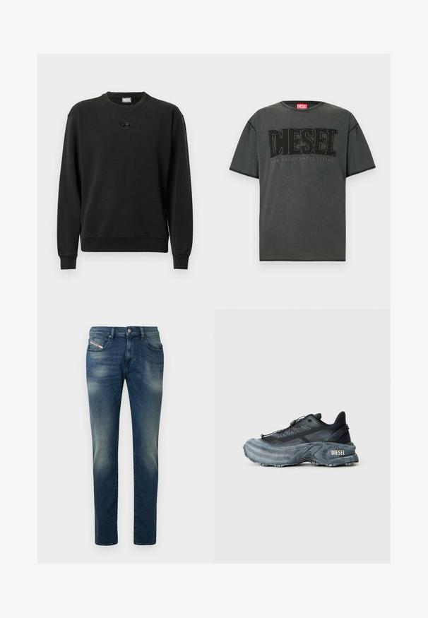 Sudadera negra hecha de tela suave, con cuello redondo, puños acanalados y un pequeño logo en el centro. Diseño informal y de ajuste relajado.; Camiseta de manga corta en gris oscuro hecha de algodón. Cuenta con un gran logo negro de DIESEL y el texto "FOR SUCCESSFUL LIVING" en un diseño contrastante.; Vaqueros de mezclilla azul oscuro con lavado desgastado, diseño de pierna recta y una rodilla ligeramente desgastada. Cuenta con bolsillos delanteros y cierre con botón de metal.; Zapatilla Diesel en negro y gris con suela gruesa, cierre de cordón y diseño texturizado sobre un fondo liso de color gris claro.