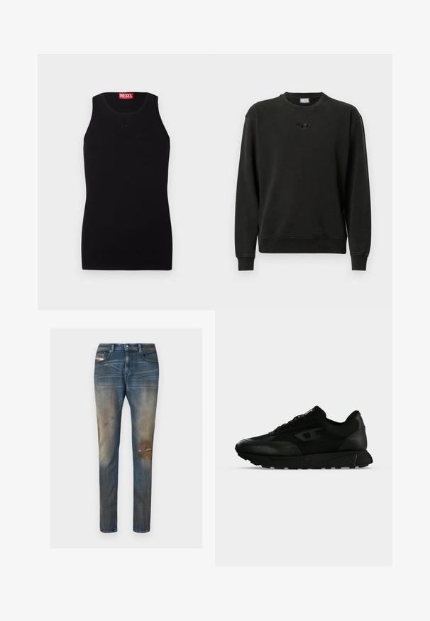 Sweat-shirt noir en tissu doux, avec un col rond, des poignets côtelés et un petit logo au centre. Conception décontractée et confortable.; Débardeur noir Diesel avec col rond, petit logo ton sur ton sur la poitrine et étiquette rouge à l'intérieur du col sur fond blanc.; Jean en denim bleu à coupe slim, avec un léger délavage, des zones usées, et un design classique à cinq poches incluant une petite étiquette logo.; Baskets basses noires avec cuir texturé et panneaux en tissu, fermeture lacets et semelle épaisse en caoutchouc sur un fond clair uni.