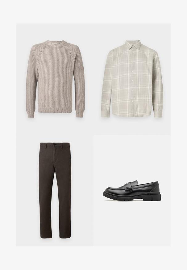 Vaalea beige neulepusero, jossa on ryppyinen pinta, pyöreä kaula-aukko ja pitkät hihat, joissa on raglan-saumat. Rentoa tyyliä, jossa on hienovaraisia pilkullisia yksityiskohtia.; Beige ja off-white ruuduline nööpidega särk pikkade varrukatega ja nööbid all, esitatud valgel taustal.; Ruskeat housut, jotka on valmistettu tekstuurista kankasta, suoranlahkeinen malli, yksittäinen nappisuljenta ja minimalistinen tyyli.; Musta nahkainen loaferi, jossa on leveä hihna vampin poikki, kumipohja paksuilla kureilla ja sileä pinta. Klassinen, tyylikäs muotoilu.