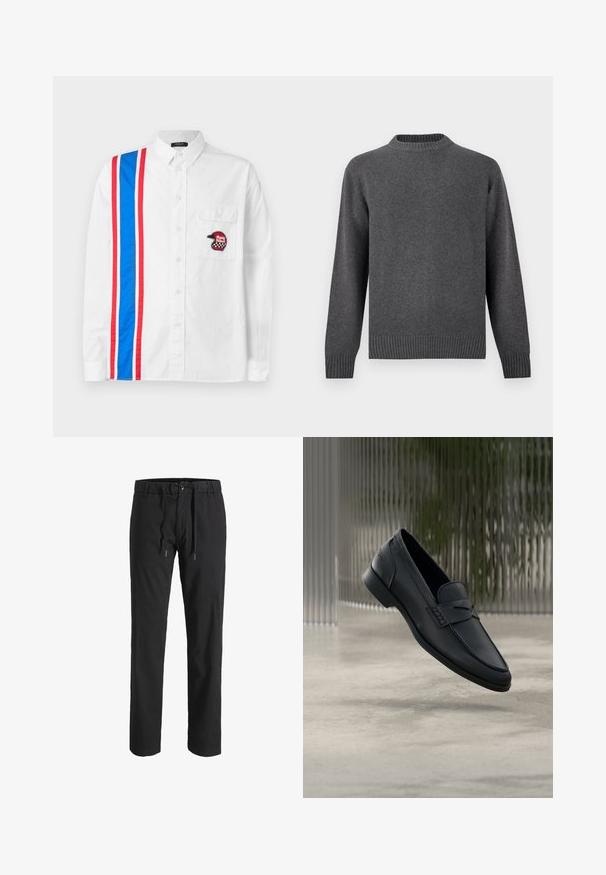 Grå striktrøje med rund hals, lange ærmer samt ribbede manchetter og kant. Blød tekstur med en glat finish. Enkel, moderne design.; Hvid skjorte med knapper, der har et blåt og rødt stribedesign på den ene side og et sort broderet hjelm-patch på brystlommen.; Sorte bukser med lige ben, elastisk talje, knaplukning og snørelukning foran.; Sort læderloafer med glat finish, spids tå og sømdetaljer over vristen. Lav hæl og minimalistisk design.