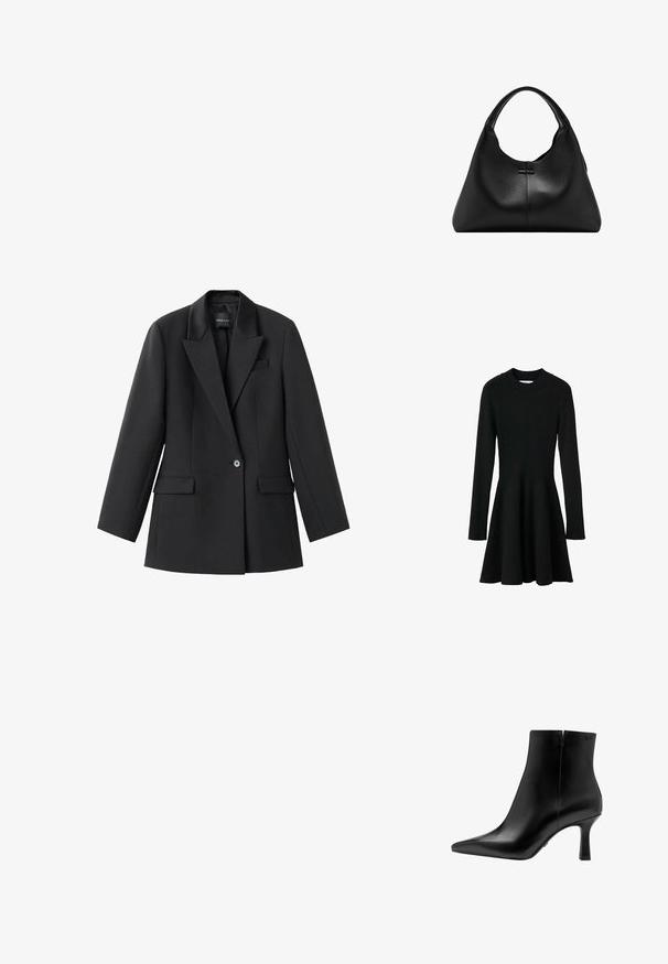 Schwarzes, geripptes Langarmkleid mit tailliertem Oberteil und ausgestellt Rock. Mit rundem Ausschnitt und strukturiertem Strickstoff.; Schwarzer Blazer aus glattem Stoff, mit Reverskragen, einem einzelnen Knopfverschluss und zwei seitlichen Taschen. Taillierte Passform mit langen Ärmeln.; Schwarze Leder-Stiefelette mit spitzer Zehe, hohem Stiletto-Absatz, glatter Textur und minimalistischem Design. Verfügt über einen Reißverschluss auf der Rückseite.; Schwarze Handtasche aus strukturiertem Leder mit einem einzelnen, gebogenen Griff und einem breiten, halbmondförmigen Körper.