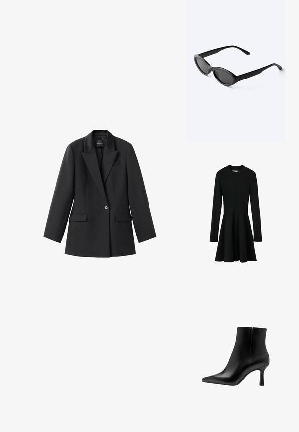 Zwarte ribbel jurk met lange mouwen, een getailleerde bovenkant en een uitlopende rok. Kenmerkt zich door een ronde halslijn en een gestructureerde brei stof.; Zwarte blazer van gladde stof, met een geknipte revers, een enkele knoopsluiting en twee zijzakken. Tailored fit met lange mouwen.; Zwarte leren enkellaars met een spitse neus, hoge stilettopes, gladde textuur en minimalistisch ontwerp. Voorzien van een ritssluiting aan de achterkant.; Strakke zwarte ovale zonnebril met donkere glazen en rechte pootjes, rustend op een wit oppervlak.
