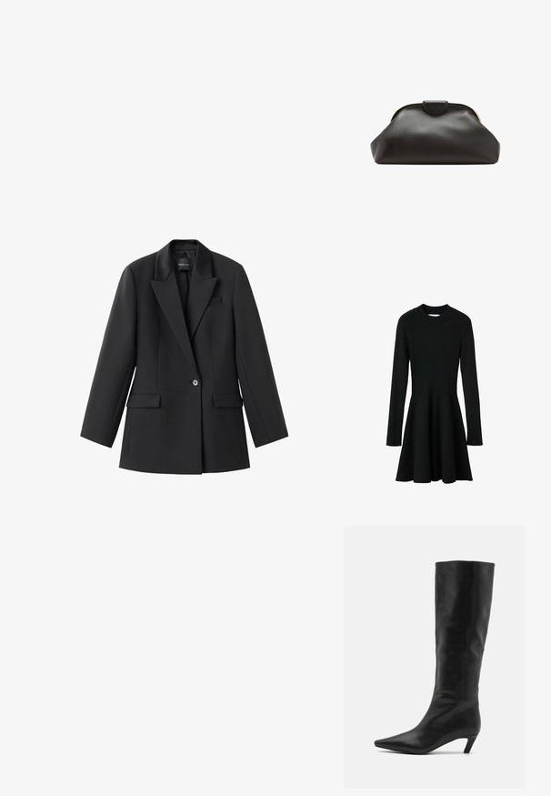 Sort ribbet langærmet kjole med tætsiddende liv og flagrende nederdel. Har en rund halsudskæring og tekstureret strikstof.; Sort blazer lavet af glat stof med en spids revers, enkelt knaplukning og to sidelommer. Skræddersyet pasform med lange ærmer.; RAID FLAURA - Høje støvler/ Støvler - black; Blød sort læder clutch taske med en rundet ramme og en lille lukning i toppen midt på.