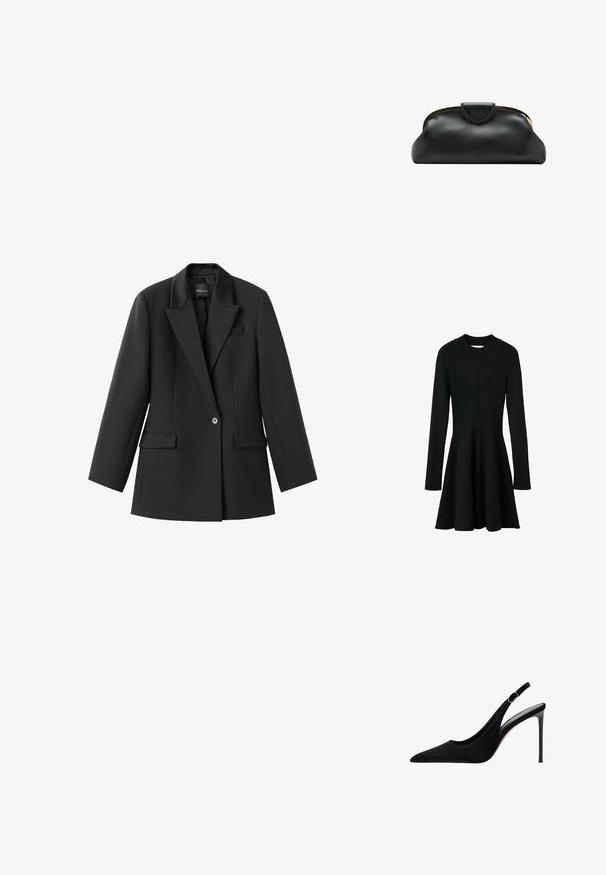 Sort ribbet langærmet kjole med tætsiddende liv og flagrende nederdel. Har en rund halsudskæring og tekstureret strikstof.; Sort blazer lavet af glat stof med en spids revers, enkelt knaplukning og to sidelommer. Skræddersyet pasform med lange ærmer.; Sort ruskind slingback højhælet sko med spids tå, tynd hæl og justerbar rem med guldtonet accent.; Sort læderclutch med guldfarvet metalramme og tryklukning på hvid baggrund.